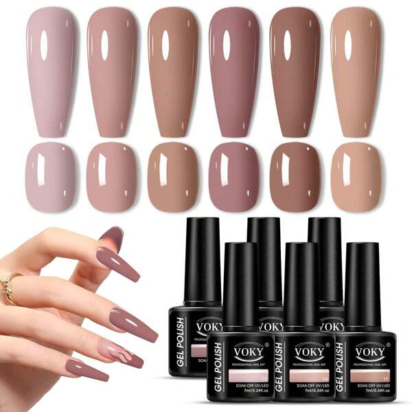 6pcs Set Of Autumn Brown Gel Nail Polish, Coffee Series Semi-Permanent Varnish Nail Design Mixed Soaked LED Gel Nail Ki