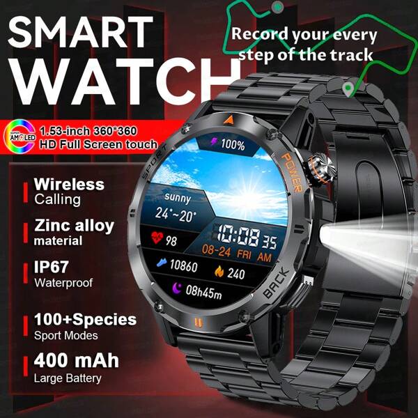 GUHUAVMI 1pc Outdoor Sports Smart Watch, 1.53inch HD Screen, With LED Flashlight, Wireless Call, Info Push, Compass, Heart Rate/Sleep Monitoring, Fitness Tracker Smartwatch, IP67 Waterproof Watch For Men Women, Suitable For Android IOS