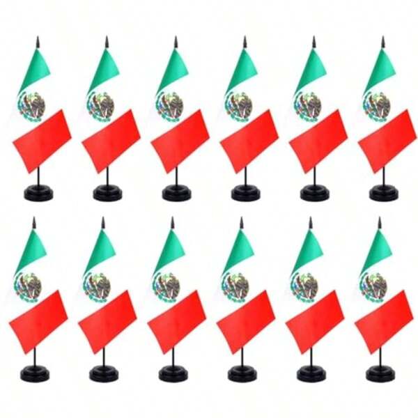 TLL  12 Pack Mexico Desk Flags Set Mexican Small Mini Table Office Miniature Desktop Flag Home Office DecorationTLL
