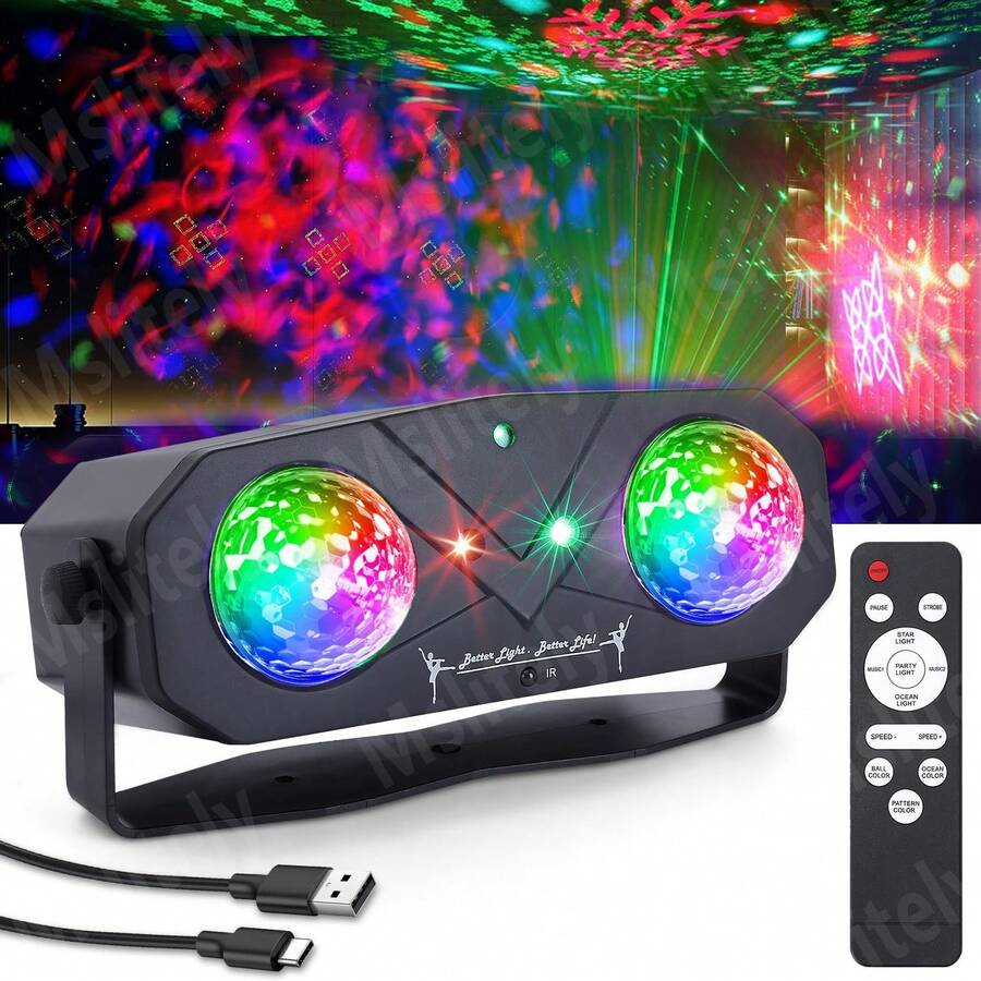 Mslitely 2件組 LED 迪斯可球 + 3件組 雷射派對燈,USB 供電,附遙控器與聲控舞台燈,可安裝於天花板,適用於家庭派對、生日派對、畢業舞會與聖誕慶祝 - 黑色 - 查看 1