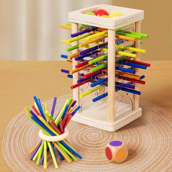 1 Set Wooden Stick Game, Includes 1 Main Body, 30 Sticks In 6 Colors, 1 Wooden Ring, 4 Balls In Different Colors, 1 Dice Board Game, Suitable For Adult Family Gathering