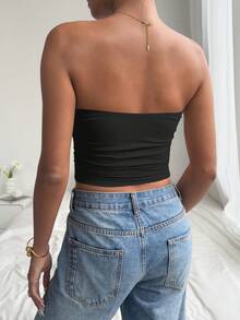 Mystra Summer Solid Color Wrap Chest Backless Ruched U-Shaped Buckle Water Drop Hollow Design Sexy Elegant Fitted Tube Top