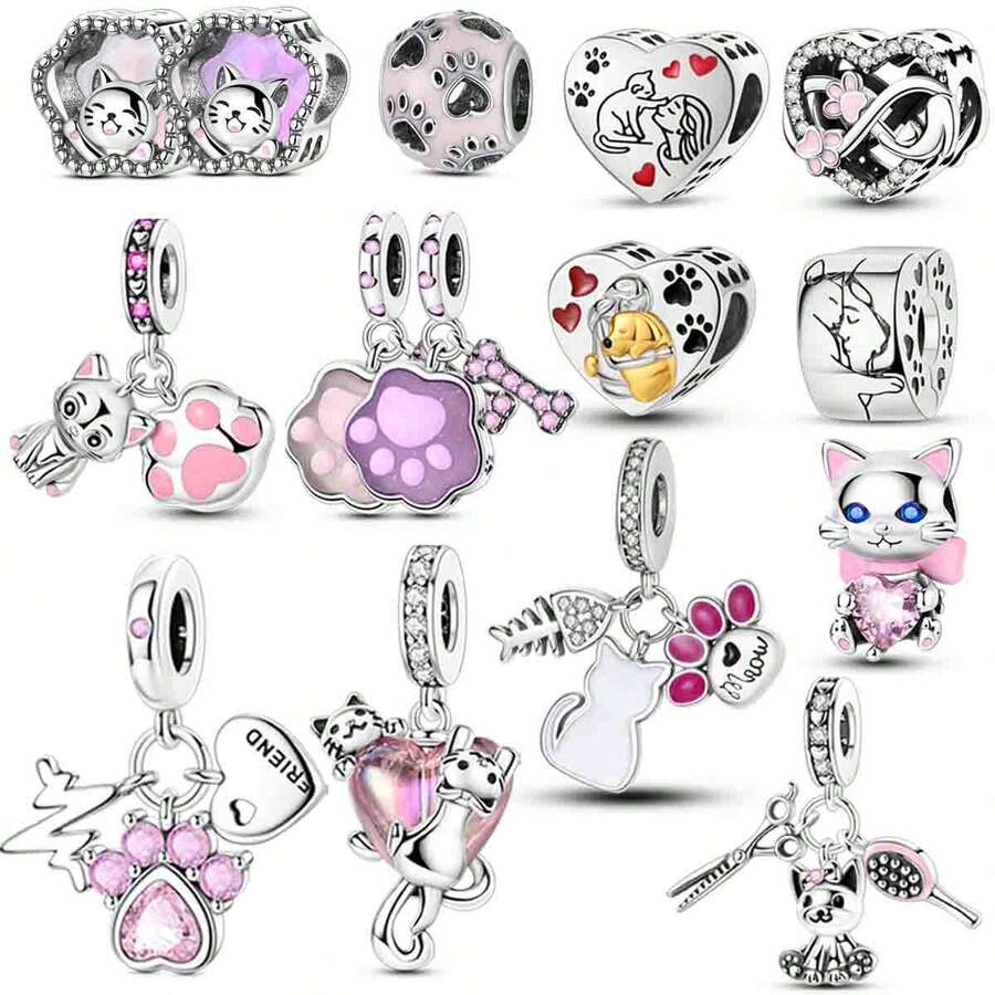 1pc Cute Cat Paw Series Silver Color Dog Paws Charms For 3mm Bracelet Necklace DIY Making Beads Pendant Elegant For Women Ideal For Daily Jewelry Styling & Gifting To Cat Lovers Western Jewelry - Silver - View 1