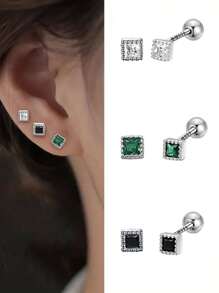 1 Pair S925 Sterling Silver Minimalist Square Diamond Screw Back Earrings, Small Dainty Cartilage Stud Earrings, Non-Piercing Clip-On Style, Fresh Elegant Layering Earrings, Gift