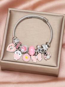 1 pieza Brazalete de mujer de acero inoxidable con cuentas, con colgantes de flor, lazo y mariquita, de moda