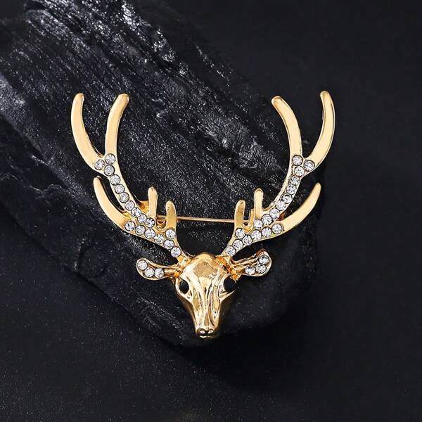 1pc Unique Fashion Golden Deer Head Brooch Pin, Elegant High-End Accessory For Men's Suit Backpack For School