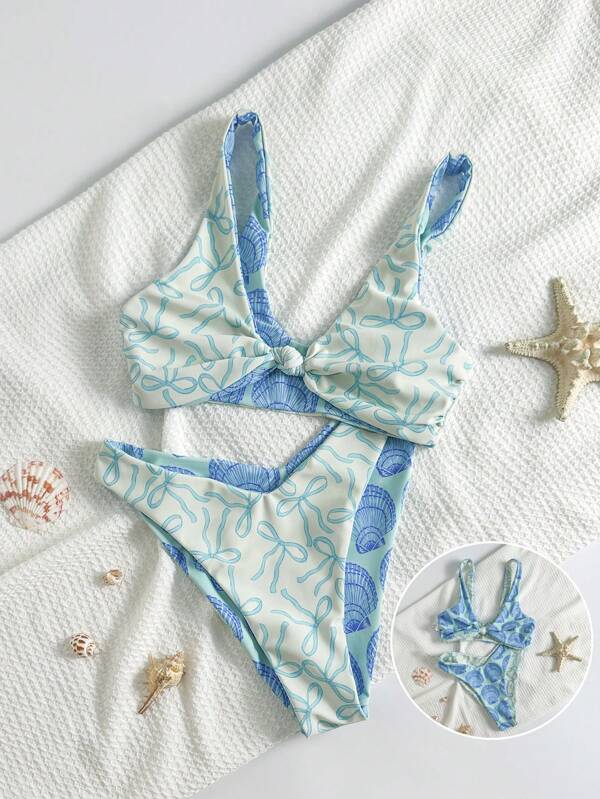 2pcs/Set Women Summer Beach Bikini Set, Butterfly & Shell Double-Sided Print Design, Reversible, Wide Strap Twist Swimsuit Top And Mid-Waist Swim Bottoms, Suitable For Pool Party And Beach Holiday