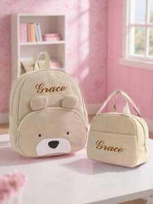 Conjunto de mochila personalizada para niños 2026 | Mochila con diseño de oso lindo + lonchera | Bordado de nombre personalizado | Adecuado para niños y niñas de 3 a 5 años, regalo para jardín de infantes - Multicolor - Ver 1