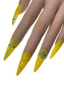 10 pezzi di unghie finte applicate, realizzate a mano, rimovibili, realistiche, lunghe e appuntite, con design originale , gioielli in diamante giallo e blu, minimalista, forniture per unghie estive in stile Y2K, con adesivi e colla per unghie per donne e ragazze