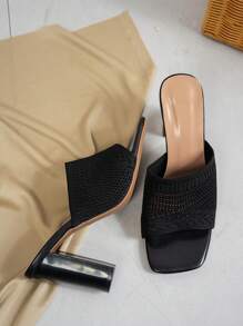 Damen atmungsaktive und bequeme Sandalen mit breiten Trägern, dekoriert mit einfarbigem Stoff und eckiger Zehenpartie, minimalistischer modischer Stil, geeignet für Gehen, Reisen, Party, Date, schwarzes Strickgewebe, Damen Slip-On Sandaletten mit hohem Absatz für den Sommer