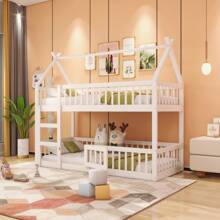 okwish Letto a castello con scala, letto a soppalco con protezione anticaduta, letto in legno massello, struttura per letto per bambini con rete a doghe (letto inferiore senza rete a doghe), bianco/grigio
