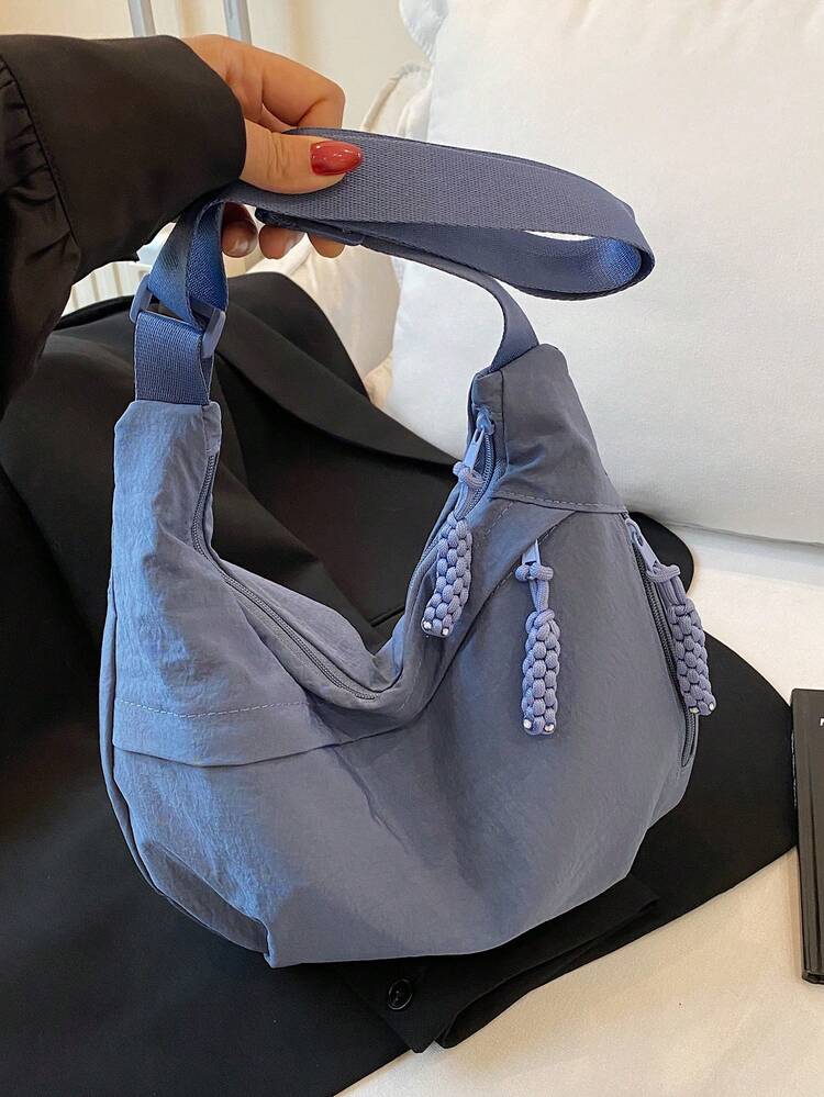 Bolso de hombro resistente al agua de nailon de unicolor, estilo minimalista casual tipo mochila universitaria con correa ancha y múltiples compartimentos con cremallera, adecuado para estudiantes, ir al trabajo, ir de compras - Azul - Añade 8