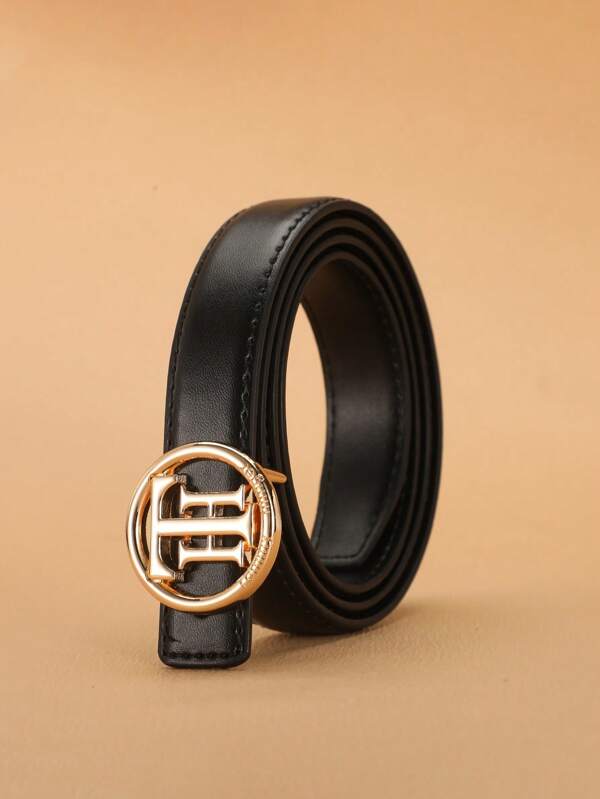 1 stuk dames TH-riem met lettergesp, unisex zwarte brede riem, modieuze decoratieve casual jeansriem, stijlvol en veelzijdig