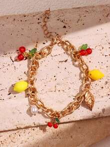 1 件时尚创意独特精致百搭活力水果柠檬樱桃珍珠链手链，非常适合女性在夏季参加海滩派对时佩戴 - 彩色 - 查看 8