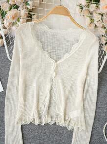 Apricot Lace Trim V-Neck Ruffle Edge Sheer Knit Thin Cover Up Sweater, Lightweight Outerwear Suitable For Home, Commute, Outdoor Wear, Autumn/Winter