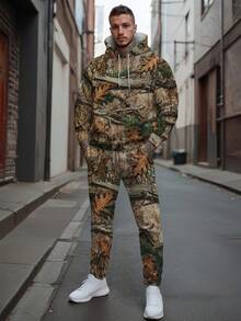 Men's New Autumn Leaf Element Print Hoodie And Pants Set
