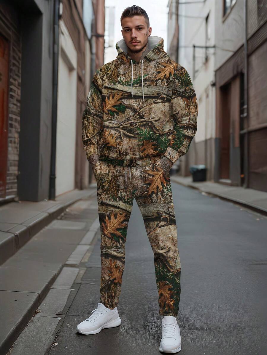 Men's New Autumn Leaf Element Print Hoodie And Pants Set