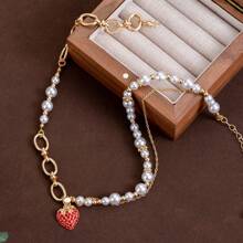 1 set de collier de luxe premium avec cœur et perle pour femmes, bijoux d'été polyvalents