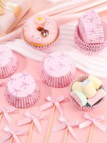 330pcs Pink Bow Cupcake Liners, Bowknot Cupcake Liners Baking Cups, Bowknot Ribbons Cake Toppers, Birthday Cake Decorations For Bachelorette Bridal Babe Shower Birthday Wedding Party Supplies