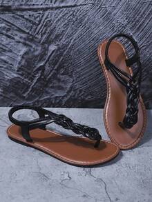 Sandales plates pour femmes en cuir PU avec brides croisées, semelle intérieure épaisse tressée à la main, souples et confortables, couleur unie, style bohème décontracté avant-garde, élégantes pour les vacances, la plage et l'été - Noir - Voir 7