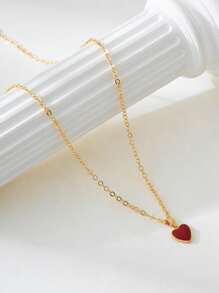 1pc Elegant Petite Wine Red Oil Drop Heart Pendant Necklace, Gift For Women