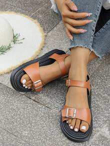 Sandali con suola spessa di colore unito, nuovi sandali estivi stile europeo americano con cinturini, punta aperta e stile romano, taglie comode