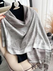 1pc Pashmina Shawl Two Tone Paisley Jacquard Scarves Beach Cover Up Sarong Cashmere Feel Rave Soft Silky Reversible Wrap Scarf Fringes Daily Life Evening Dresses Travel Office Wedding And Gift