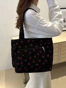 1 Fashionable Contrasting Color Bow Printed Shoulder Bag, Simple And Lightweight, Multiple Pockets, Single Shoulder Tote Bag