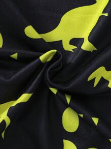 Young BoyComfortable Cartoon Dinosaur Pattern Luminous Long Sleeve + Long Pants Home Outfit Set (Glowing Only Under UV Light)