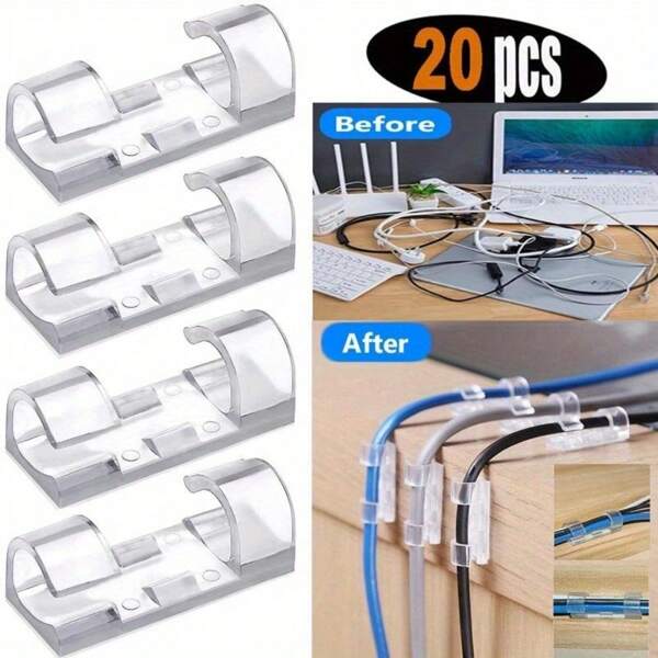 20pcs Transparent Adhesive Cable Clamp - Durable Plastic Wire Organizer For Power Line Management, Safe And Neat Cable Storage Solutions For Desk And Wall Installation