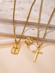 18K Gold Plated Exaggerated Hip-Hop Jewelry Set: 3pcs Stainless Steel Cross Pendant Necklace, Matching Bracelet And Ring - 3pcs - View 6