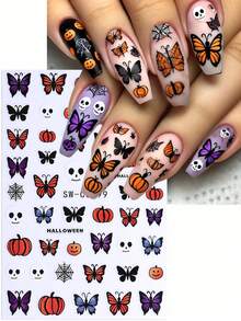 3D 蝴蝶南瓜万圣节指甲贴纸 2 件紫色蓝色橙色黑色白色蝴蝶骷髅南瓜蜘蛛网设计 DIY Y2K 秋冬自粘凝胶抛光贴花滑块美甲装饰美甲用品 - 彩色 - 查看 4