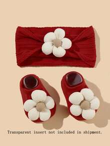 1pc Headband + 1pair Socks Set, Baby Girls Flower Decor Elastic Nylon Headband And Socks Set Love Valentine