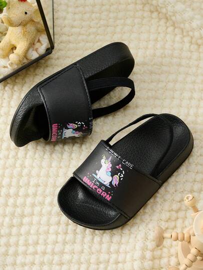 1 Pair Baby Girls' Comfortable & Fashionable Slippers, Casual Lightweight Cute Rainbow Unicorn Print Cartoon Soft Flat Sandals, Summer