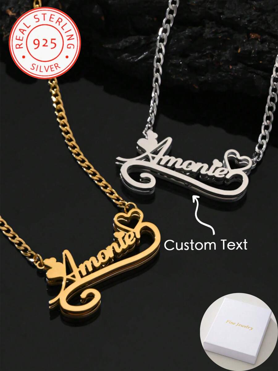 A 925 Silver Custom English Name Double Layer Necklace, Double Layer Name Tag, Personalized Custom Text Pendant, Fashion, Retro, Hipster, Simple, Y2K, Custom Personalized Unique Necklace, Ideal Gift For Him!