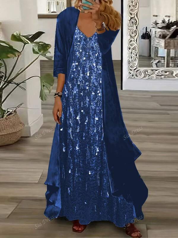 Plus Size Elegant Star Print Slip Dress With 3/4 Sleeve Cardigan 2 Pieces Set, Suitable For All Seasons