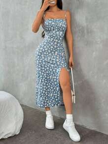 Vestidos casuales para mujer con estampado completo, corte midi, abertura lateral y tirantes finos – estilo moderno y fresco tipo camisola para verano