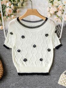 Contrast Color Korean Elegant Knit Top, Sweet 3D Floral Splice Short Sleeve T-Shirt For Women, Summer