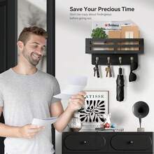 Key Holder Wall Mount, 10 Inch Decorative Key And Mail Holder For Wall, With Mail Organizer & 4 Key Hooks, Rustic Wooden Key Rack For Hanging Dog Leash Sunglasses, Entryway Key Hanger, Black - White - View 11