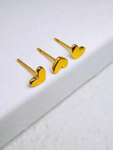 3pcs/Set Heart Shaped Earrings, 14K Gold Plated Low Allergy Earrings For Women, Stackable, Bowknot Earrings, Suitable For Multiple Ear Piercings - Gold-1# - View 2
