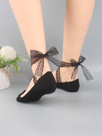 1 paire de chaussettes fines cachées pour femmes avec nœud papillon en ruban et lacets, respirante et absorbante, anti-dérapante