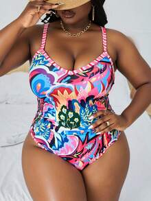 Slaydiva Plus Size Allover Print Beach Vacation One-Piece Swimsuit Summer - Multicolor - View 2