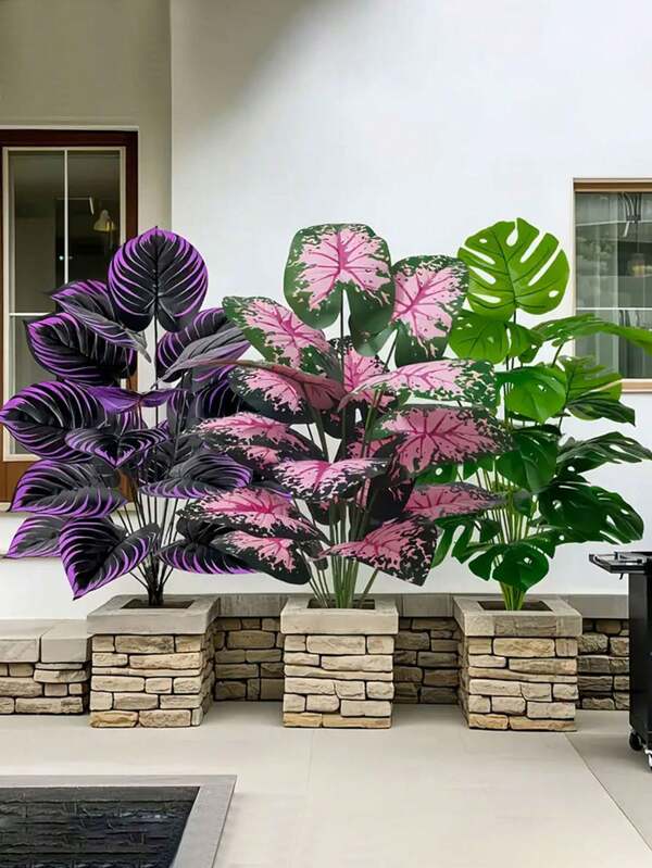 3pcs/Set Artificial Large Green Plant Decoration Set, Evergreen Leaves For Outdoor Patio, Garden, Balcony, Decor For Mother's Day/Wedding, Indoor/Outdoor Ground Placement