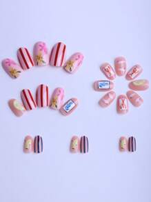 24 piezas de uñas de almendra con estilo de vacaciones en el océano de verano, diseños de caballito de mar, peces, grafiti, uñas postizas dulces y geniales para mezclar y combinar, langosta, fruta, limón, flor, rayas, esenciales para fiestas, viajes y playa, que incluyen 1 pieza de pegamento de gelatina y 1 lima de uñas