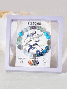 1 Peça Pulseira de Contas Feita à Mão de Pedra Natural de 8mm com Pingente de 12 Constelações, Adequada como Presente para Dia dos Namorados, Aniversário, Esposa, Namorada ou Amiga, Pulseira do Zodíaco