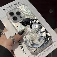 1pc Feather Pattern, Black Cat Flower Painting, Simple IMD Personalized Phone Case, Fit For IPhone 16 ProMax, 15/14 Plus, 13/12/11, Protective Cover Waterproof Shockproof Anti-Fall Scratch Resistant