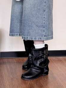 2025 春季褶皱鞋帮黑色粗跟女式短款摩托车靴