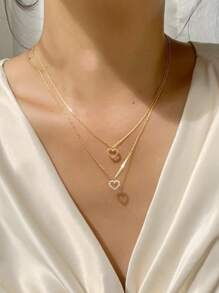 Heart Zirconia Necklace For Women, Gold-Plated CZ Bricks Dainty Necklace, Double Layered Heart-Shaped Zirconia Necklace, Layered CZ Beaded Jewelry Gifts For Girls