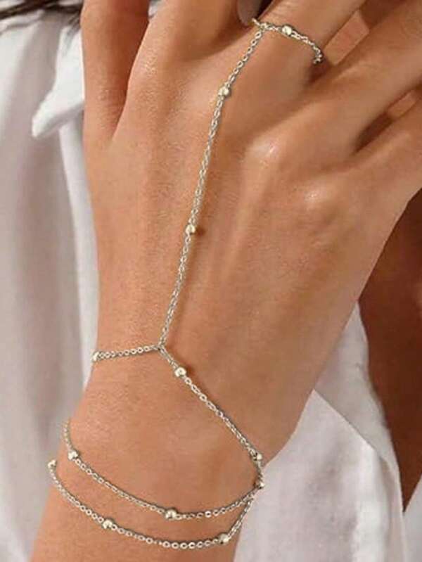 1 Stück Silber Metallisch Mehrschichtige Kugel Ketten Link Finger Ring Armband, Europäischer Stil Sommer Strand Schmuck für Frauen