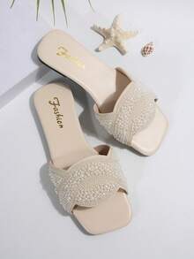 French Style Crystal Embellished Flat Square Toe Slide Sandals For Women, Spring/Summer/Autumn, Elegant Slipper Suitable With Dress, 2025 New Arrival - Beige - View 5